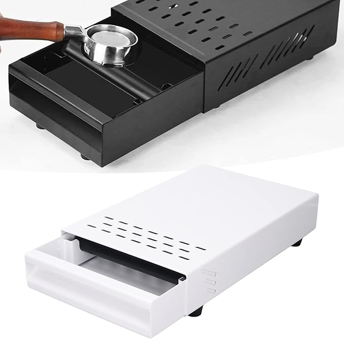 Coffee Knock Box Drawer, stainless steel Coffee Powder Box, Coffee Knock Box with Removable Rubber Strike Wood Pole and Non Slip Base (White)