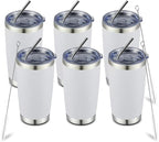 COMOOO 20oz White Tumbler Double Wall Vacuum Insulated Coffee Travel Mug Stainless Steel Tumbler Bulk with Lid and Straw Powder Coated Insulated Coffee Cup for Cold & Hot Drinks (White, 6 Pack)