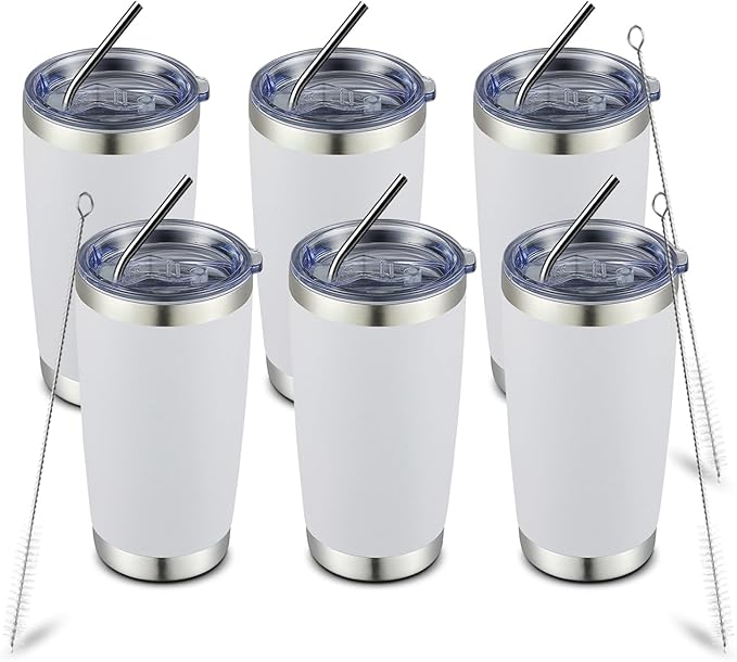 COMOOO 20oz White Tumbler Double Wall Vacuum Insulated Coffee Travel Mug Stainless Steel Tumbler Bulk with Lid and Straw Powder Coated Insulated Coffee Cup for Cold & Hot Drinks (White, 6 Pack)