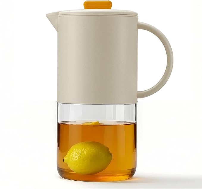 Delove Borosilicate Glass Pitcher with Lid & Auto Spout – Shatterproof Plastic Shell, Wide Mouth Design – 62 oz (1.9 Quart) Jug for Cold/Boiling Water, Iced Tea, Juice (1, Beige)