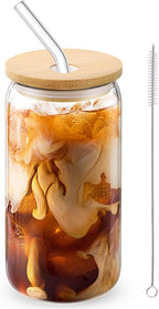 Glass Cups with Lids and Straws, 16oz Drinking Glasses, Iced Coffee Cups, Glass Tumbler with Lid, Great for Soda Boba Tea Cocktai (1 PACK)