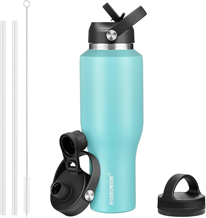 HYDROWION Stainless Steel Water Bottles,Insulated Water Bottle 40 oz (Cold 48 hrs, Hot 24 hrs), Water Tumbler with Leak Proof Straw Lid, Spout Lid and Flex Cap,Double Wall Travel Tumbler Cup, Mint