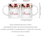 Andaz Press Personalized 11oz. Wedding Ceramic Coffee Tea Mug Bridesmaid Gift, Fall Autumn Marsala Burgundy Flowers Roses Florals, Olivia, 1-Pack, Includes Gift Box, Custom Name