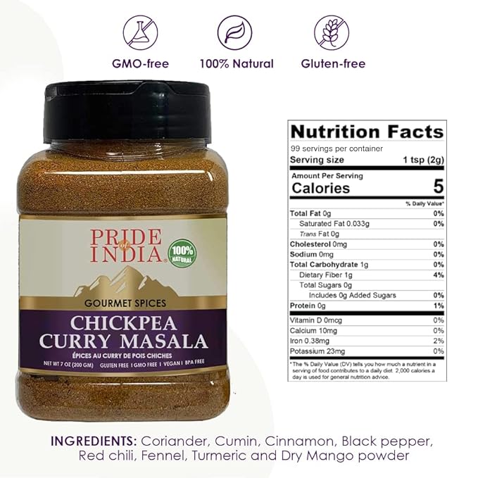 Pride of India - Chickpea Curry Masala Seasoning Spice – Authentic Indian Taste – Spice Blend for Curry Dishes – Gourmet & Flavorful Mix – 7 oz. Medium Dual Sifter Jar