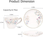 KAMMAK Tea Cups and Saucers Set of 2, Reinforced Porcelain Coffee Cups, 7.4-Ounce Stackable Espresso Mugs, Ceramic Demitasse for Coffee, Cappuccino, Latte, Americano, Tea, Lilac + Colorful