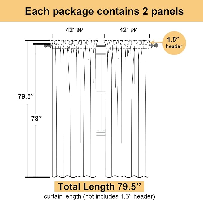Lemon Sheer Curtains 78 Inches Long 2 Panels, Solid Voile Dual Rod Pockets - Image 3