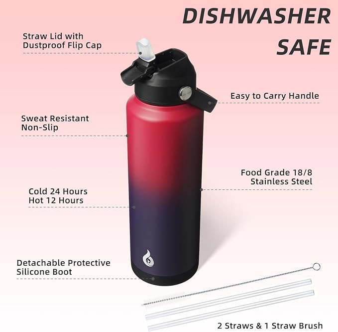 BJPKPK Insulated Water Bottle with Straw Lid, 40oz Large Thermos, BPA Free Leak Proof Stainless Steel Metal Water Bottles, Tumblers, Cups, Flasks for Travel, Sports,Charming Red