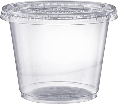 Pantry Value [5.5 oz. - 200 Count Clear Disposable Plastic Portion Cups with Lids - Small Plastic Condiment Containers for Sauce, Salad Dressings & Portion Control