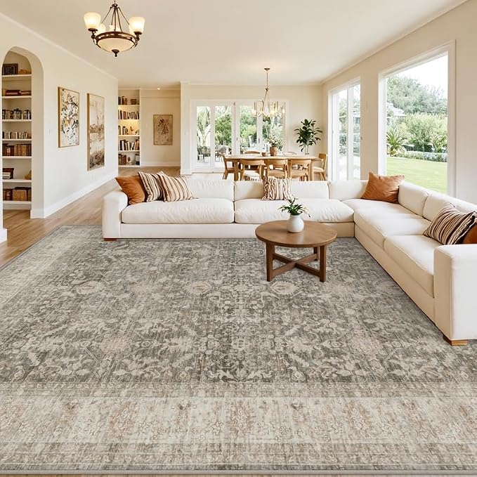 10x12 Area Rugs Living Room: Bedroom Washable Carpet Warm Taupe | Vintage Boho by Luxturiy
