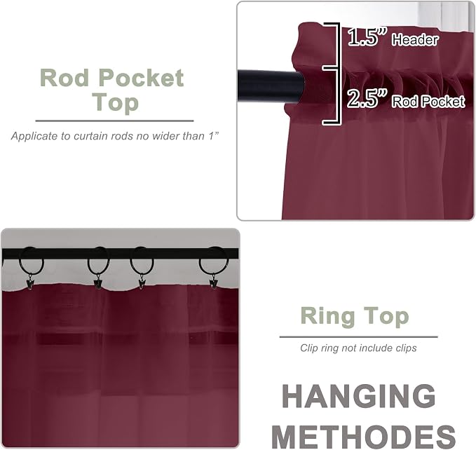 Sheer Curtains 84 Inches Long 2 Panels Set, Burgundy Sheer Curtain - Image 3
