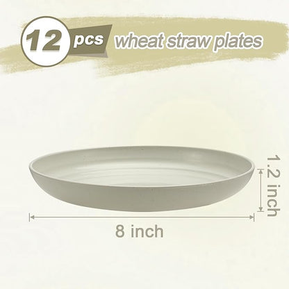 12 Pcs Unbreakable Deep Dessert Plates Set, 8 inch Reusable Plastic Wheat Straw Plates, Microwave and Dishwasher Safe Plate for Kitchen, Lightweight Plate for Dessert, BPA Free, Beige