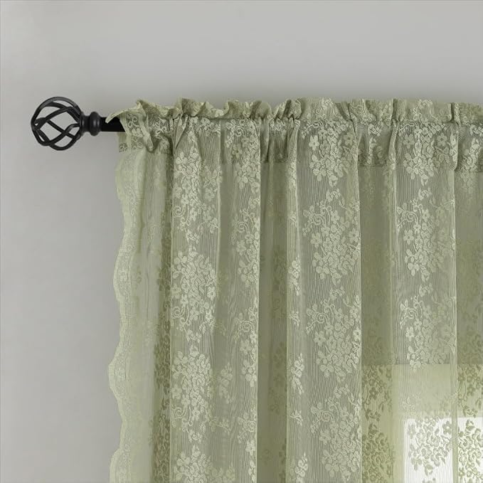 YJ YANJUN Vintage Lace Curtains 54 Inch Length-Victorian Floral Pattern Sage - Image 2