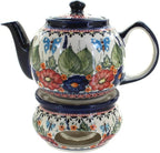 Blue Rose Polish Pottery - Red Floral Butterfly Teapot with Warmer - 4 Cup Teapot - Hand-Painted Polish Pottery Coffee & Tea Service