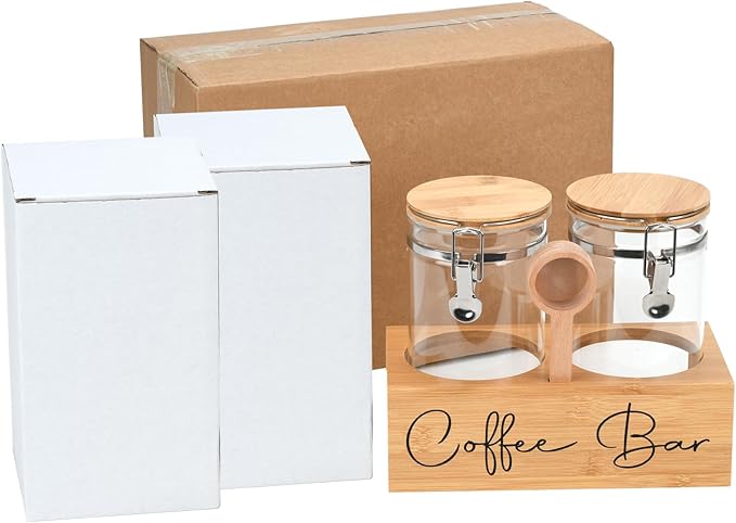 Glass Coffee Canister Set with Bamboo Shelf & Spoon - 2 Airtight Containers (47oz Each) for Coffee Beans, Ground Coffee, Sugar, Flour - Borosilicate Glass & Bamboo Lid with Silicone Seal