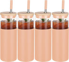 Glass Tumbler w/Lids & Straw:24oz Reusable Mug w/Bamboo Lid,Stainless Steel Straw, BPA-Free, Leak-Proof, Dishwasher Safe for Coffee, Smoothies, Hot Beverages,Travel,Office,Home Use,4-PK,Amber