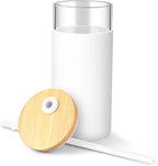 Tronco 20 oz Glass Tumbler With Lids and Straws, Glass Water Bottle Silicone Protective Sleeve, Iced Coffee Cup With Bamboo Lid, Reusable Smoothie Cup, BPA Free (White 2 Count)