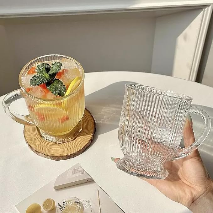 Clear Ribbed Glass Coffee Mugs Set of 4 with Spoon,16 Oz Large Glass Tea Cups with Handle Diner Latte Cups with Footed Base for Hot Beverages,Cappuccino & Espresso Cups, Stylish Drinkware