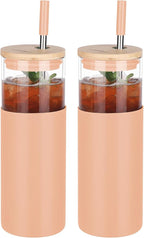 Glass Tumbler w/Lids & Straw - 24oz Reusable Glass Mug/Bamboo Lid & Stainless Steel Straw-BPA-Free,Leak-Proof,Dishwash Safe for Coffee/Smoothies/Hot Beverages, Travel/Office/Home Use,2-pk,Amber