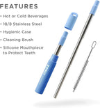 ZOKU Reusable Metal Straw with Case for Travel, Blue - Collapsible Stainless Steel Drinking Straw with Silicone Tip and Cleaner Brush, Ideal for Key Chains, Pockets, Purses