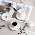 Sweejar Porcelain Espresso Cups with Saucers, 2.5 Ounce Stackable Cappuccino Cups with Metal Stand for Coffee Drinks, Latte, Tea - Set of 4 (Black)