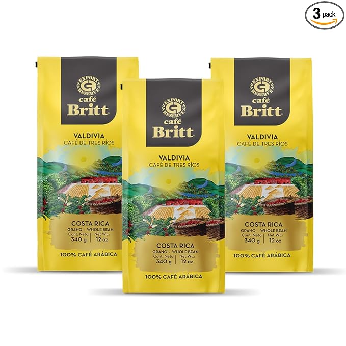 Café Britt® - Costa Rican Tres Rios Valdivia Coffee (12 oz.) (3-Pack) - Whole Bean, Arabica Coffee, Kosher, Gluten Free, 100% Gourmet & Medium Light Roast