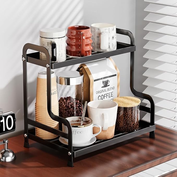 KISKIS Coffee Mug Cup Holder Space Saving 2-Tier Sturdy Stable Metal Storage Shelf, Prevent Falling Scratch Resistant Kitchen Rack Office Bathroom Desktop Organizer,Black