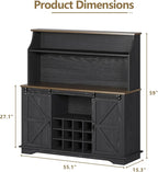 55 Inch Farmhouse Coffee Bar Cabinet with 3-Tier Storage, Kitchen Hutch with 12 Wine Racks & 3 Glass Holders, Coffee Bar with 6 Hooks, Wine Bar Cabinet for Dining Living Room, Black