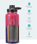 BUZIO 32 oz Water Bottle Insulated with Straw & 3 lid and Carrying Pouch, Leak Proof Anti-Slip Stainless Steel Water Flask Jug, Cold for 48 Hrs Double Vacuum Thermo Canteen, Pearlescent Red Black