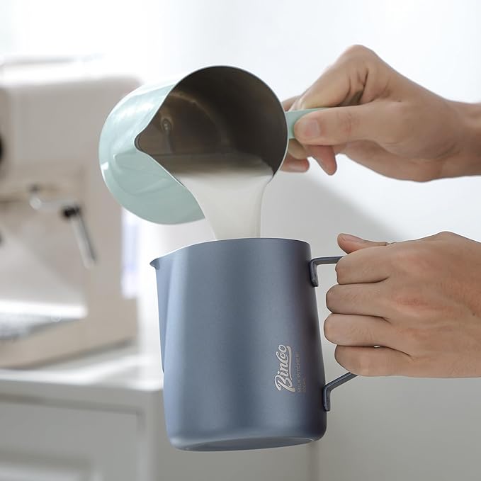 Milk Frothing Pitcher - 350ml/12oz Milk Frother Cup Espresso Steaming Pitcher for Barista, Bincoo SUS304 Stainless Steel Espresso Steaming Pitchers for Latte Art/Cappuccino/Coffee (Dark-Blue-350ml)