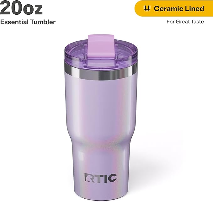 RTIC 20oz Essential Tumbler with Lid, Insulated, Stainless Steel, Metal, Double Wall Vacuum-Insulation, Ceramic Lined, Travel Cup for Iced Coffee, Tea, Hot and Cold Drink, Lavender Glitter