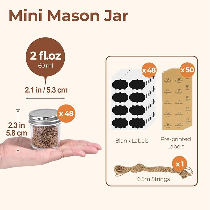 ComSaf Small Mason Jars 2 oz, 48 Pcs Mini Mason Containers, Small Canning Jars, Mini Glass Jar with Lids for Ginger Shots, Honey, Jams, Sauces, Spices, DIY Candle Decor, Wedding & Baby Shower Favors