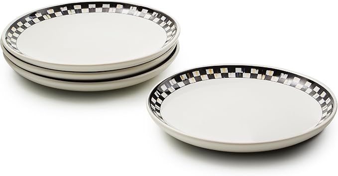 MACKENZIE-CHILDS Set of 4 Everyday Small Plates, Microwave-Safe and Dishwasher-Safe Stoneware Salad Plates, Black-and-White Courtly Check