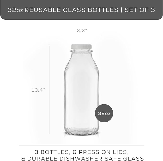 JoyJolt Glass Milk Bottles with Lids and Pourer – 32 Oz, 3 Pack Airtight Heavy Duty Reusable Glass Bottles, Leakproof, BPA-Free, Food Grade, Dishwasher Safe Jug, Pitcher for Milk, Juice, and Water
