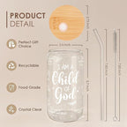 SANDJEST Christian Glass Can, I am Child of God Cup with Lid & Straw, Iced Coffee Aesthetic Cups, Idea Gift for Christmas Birthday, Gifts for Women, 16oz