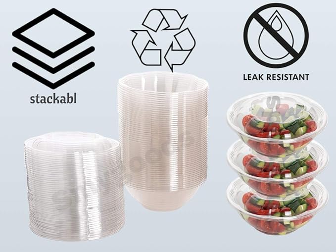 Smygoods Disposable Plastic Salad Bowls with Airtight Lids Ideal for Meal Prep, Takeout, Catering, Parties, Picnics, and Food Storage, Stackable, Leak-Proof
