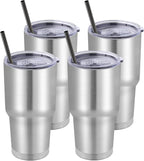 DOMICARE 30 oz Tumbler with Lid and Straw, Stainless Steel Tumblers Bulk, Insulated Vacuum Double Wall Travel Coffee Mug, Durable Powder Coated Tumbler Cups (Stainless Steel, 4)