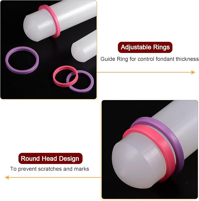 HARFINGTON 2pcs Fondant Rolling Pin with Rings PP 30cm x 2.5cm Non Stick for Baking White