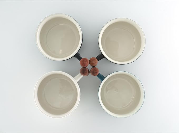6 Oz Ceramic Espresso Mugs with Wooden Handle, Demitasse Cups for Double Shot Latte Cappuccino Lungo Tea Bag Beverage, Espresso Cups Set of 4