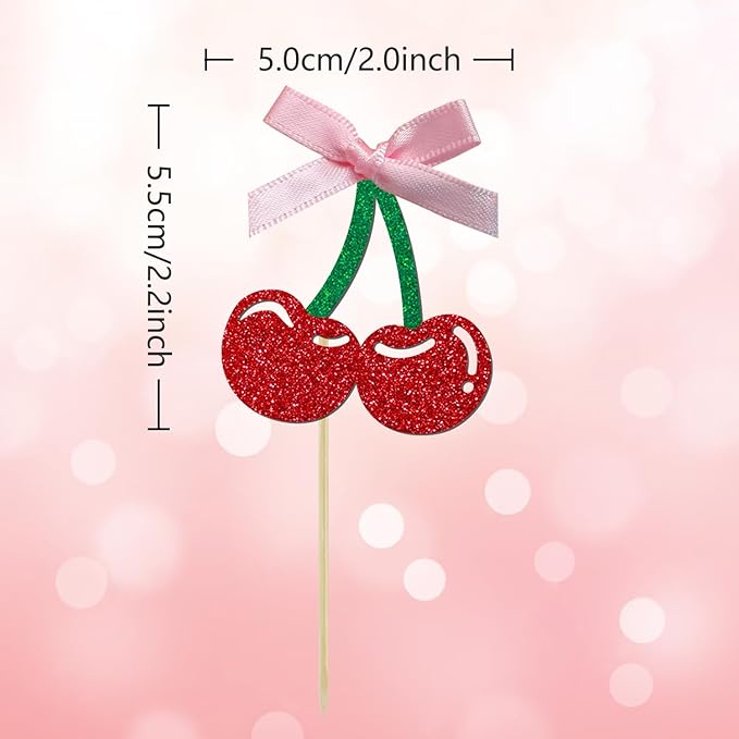 24 Pack Cherry Cupcake Toppers, Glitter Sweet Cherry Cupcake Pick for Fruits Theme Baby Shower and Birthday Decorations Supplies