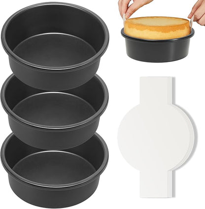 HONGBAKE 6 Inch Round Cake Pan Set for Baking with 30 Pieces Parchment Paper, Nonstick Deeper Circle Cake Pans with Wider Grips, 3 Pieces Layer Cake Tin, Cheesecake Mold, Huty Duty - Grey