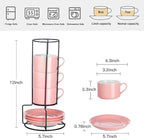 8oz Porcelain Stackable Cappuccino Cups with Saucers and Metal Stand Set of 4, Coffee Cups for Espresso, Specialty Coffee Drinks, Latte, Americano and Tea - Pink