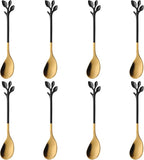 AnSaw 8-Pack Elegant Black & Gold Leaf 4.7" Espresso Spoons - Stainless Steel, Perfect for Coffee, Demitasse, Dessert & Tea, Mini Size for Small Servings