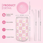 SANDJEST Checkerboard Daisies Glass Can, Floral Checker Cup with Lid & Straw, Iced Coffee Aesthetic Cups, Gift for Christmas Birthday Mother Day, Gifts for Women, 16oz