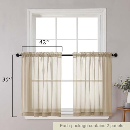 Taupe Kitchen Curtains 30 Inch Length Tier 2 PCS, Solid Soft Airy Half Curtains - Image 2