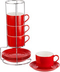 8 Ounce Porcelain Cappuccino Cups with Saucers and Silver Stand, Red Cups Set of 4