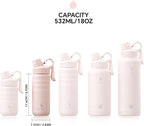 IDEUS Insulated Stainless Steel Water Bottle with 2 Leak-Proof Lids, Thermal Water Flask for Hiking Biking, 18oz, Light Pink