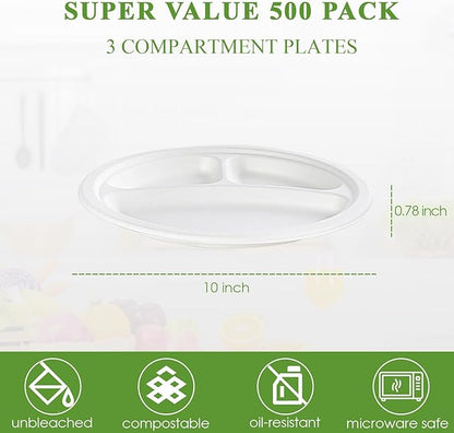 Vplus 100% Compostable Paper Plates, 500 Pack 10 Inch 3 Compartment Plates Disposable, Heavy Duty Biodegradable, Made of Sugar Cane Fibers, for Daily meals, Dinner, Parties, BBQ