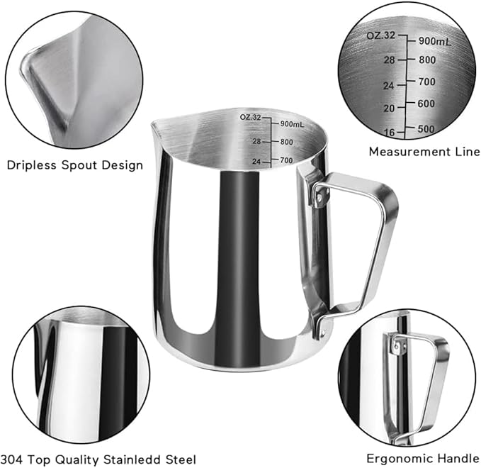 Milk Frothing Jug, Milk Frothing Pitcher Pouring Jug Espresso Cup with Measurement Inside 32oz/900ml Stainless Steel Creamer Cup for Making Coffee Cappuccino Hot Chocolate Machine