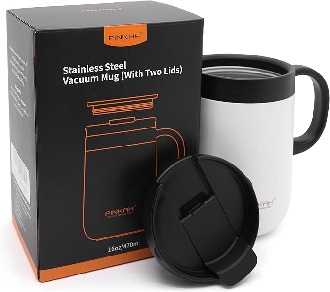 16oz Coffee Mug Cup with Handle, Insulated Stainless Steel Coffee Cup with Lid, Hot and Cold Beverages, Double Walled Vacuum Coffee Thermal Mug for Women and Men, White