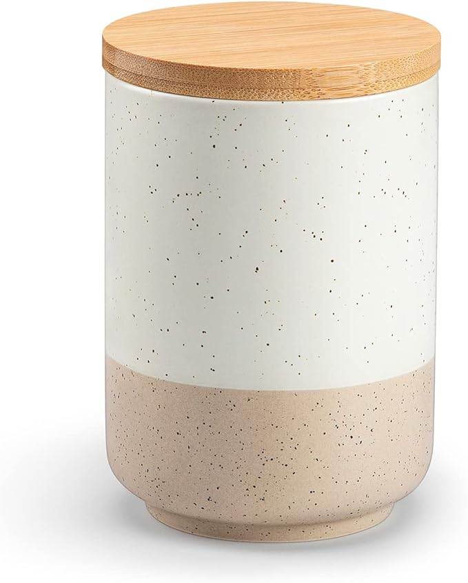 vancasso Sabine Small Ceramic Canister with Airtight Wood Lid - 18 oz Kitchen Storage for Coffee, Sugar, Tea & Spices - Compact Countertop Jar
